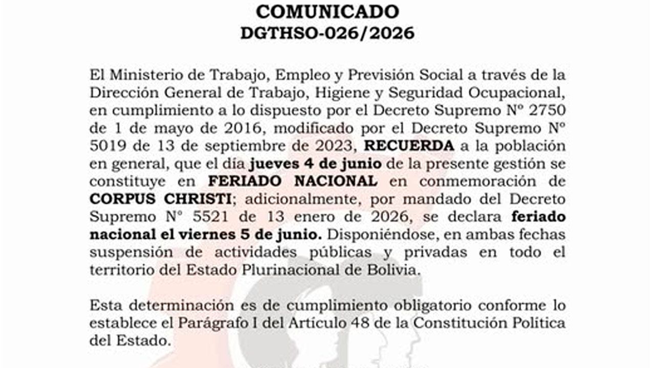 Ministerio de Trabajo ratifica feriados nacionales para este jueves y viernes por Corpus Christi