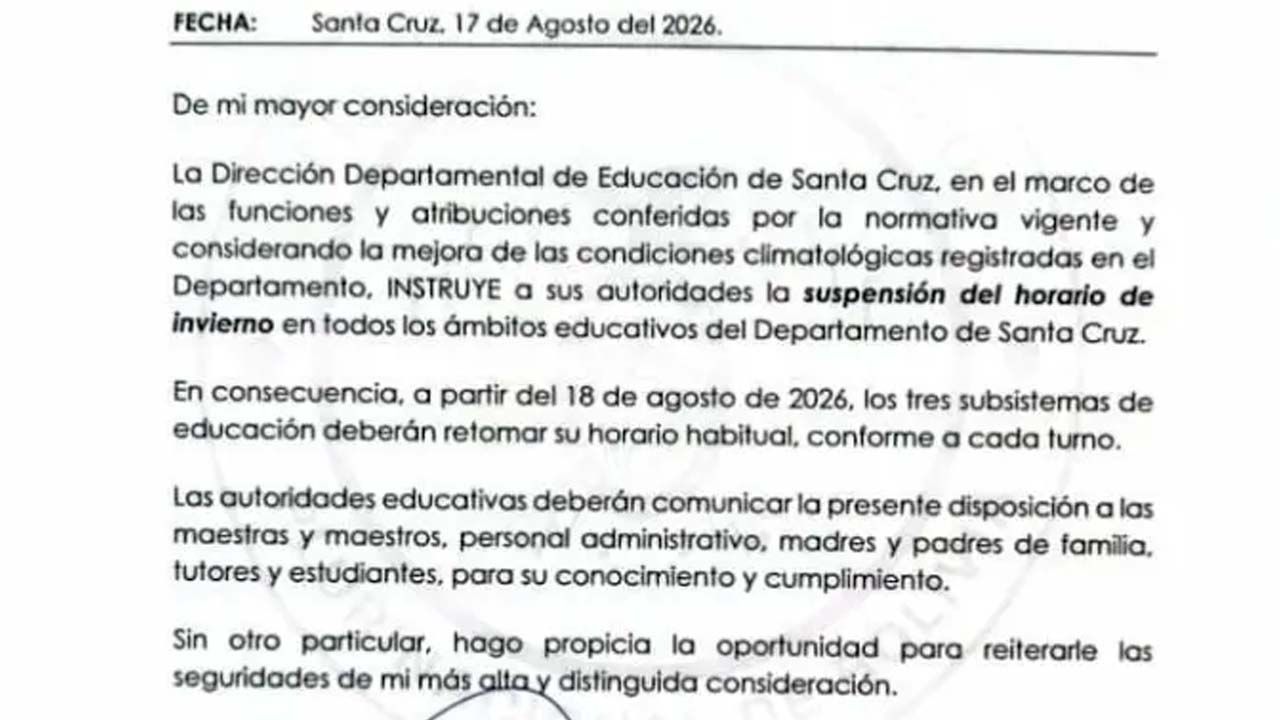 Santa Cruz suspende el horario de invierno desde este martes 18 de agosto