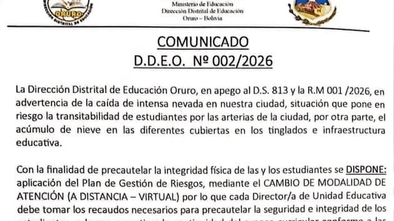Intensa nevada cambia a modalidad virtual las clases en Oruro