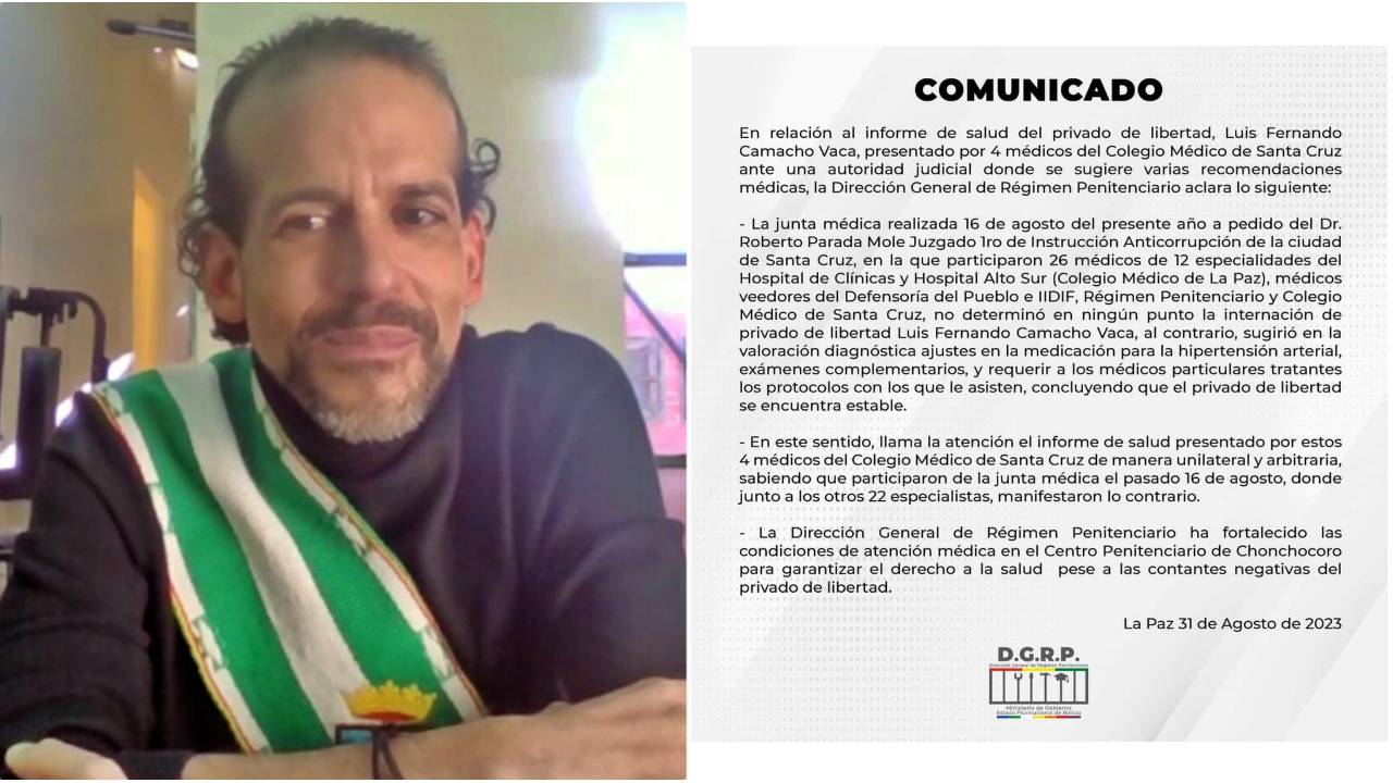 Comunicado de régimen penitenciario tras conocerse informe de junta médica que evaluó a Camacho 