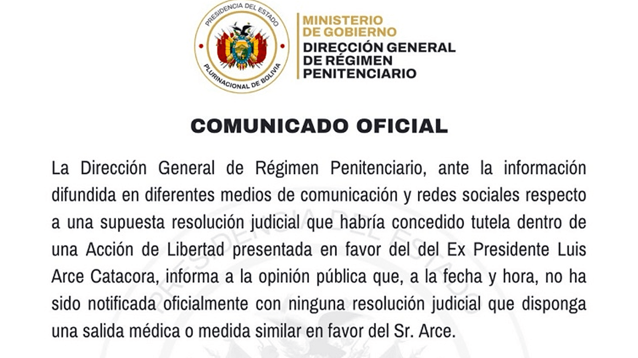Régimen penitenciario niega haber recibido una resolución para salida médica de Luis Arce