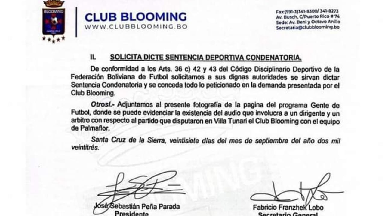 Blooming presenta más pruebas para demostrar que el partido de 132 minutos fue amañado