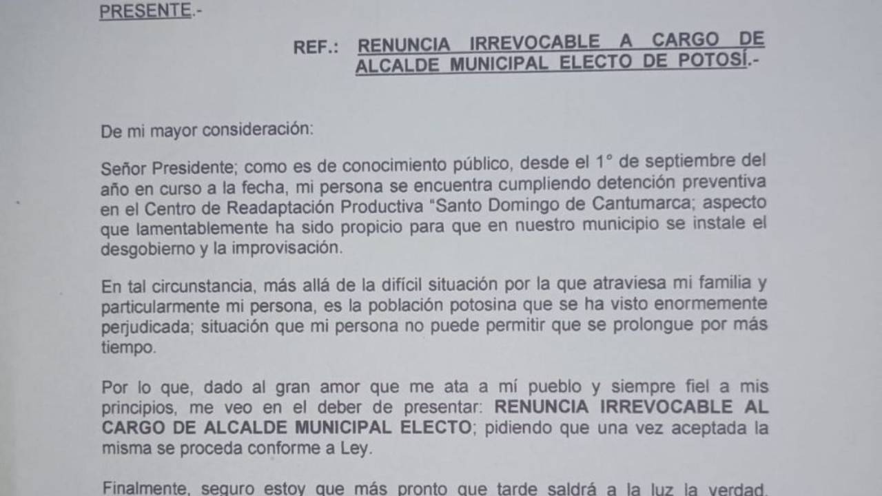 Difunden carta falsificada que indica la renuncia del alcalde municipal de Potosí