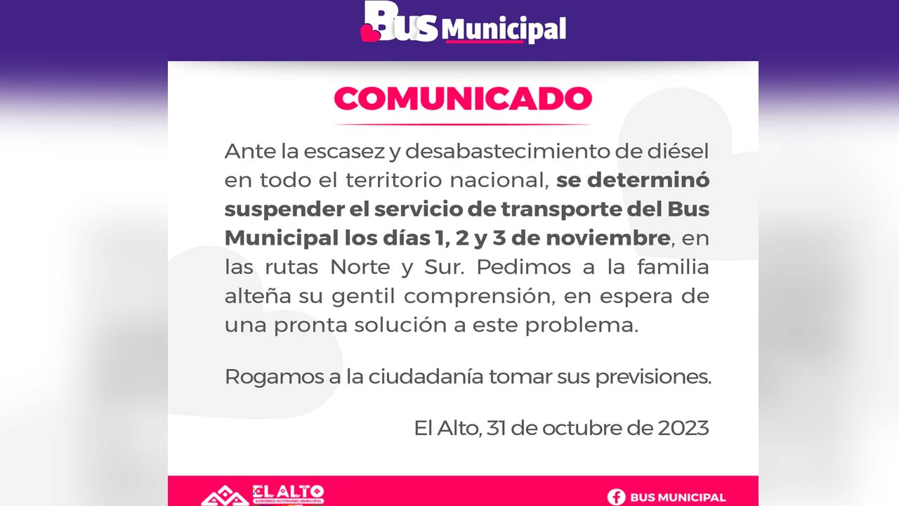 El Alto: Suspensión temporal del servicio de bus municipal por escasez de diésel