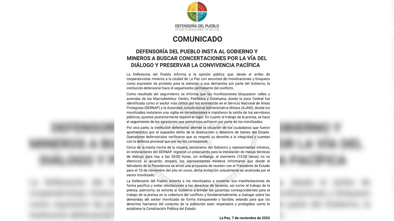  Conflictos en Bolivia: Defensoría del Pueblo aboga por el diálogo entre Gobierno y mineros