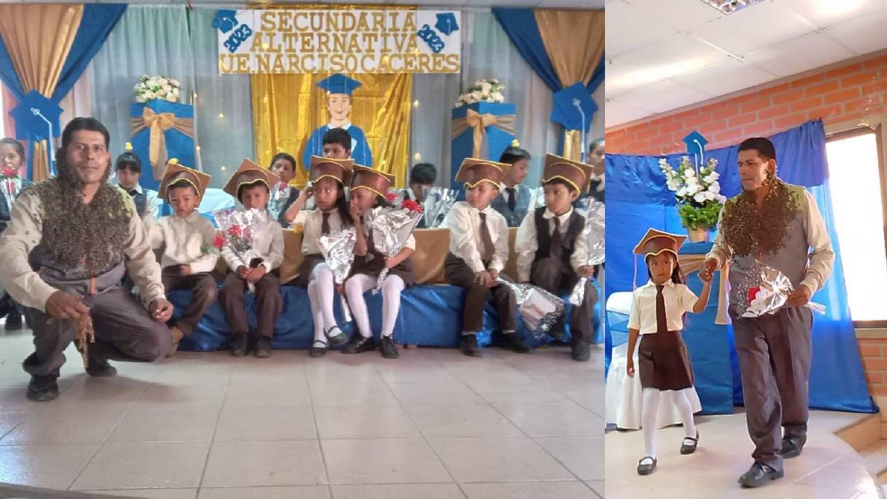 Reportero popular y apicultor, Eusebio Pinto, acompaña a su hija en acto de graduación con abejas en el cuerpo