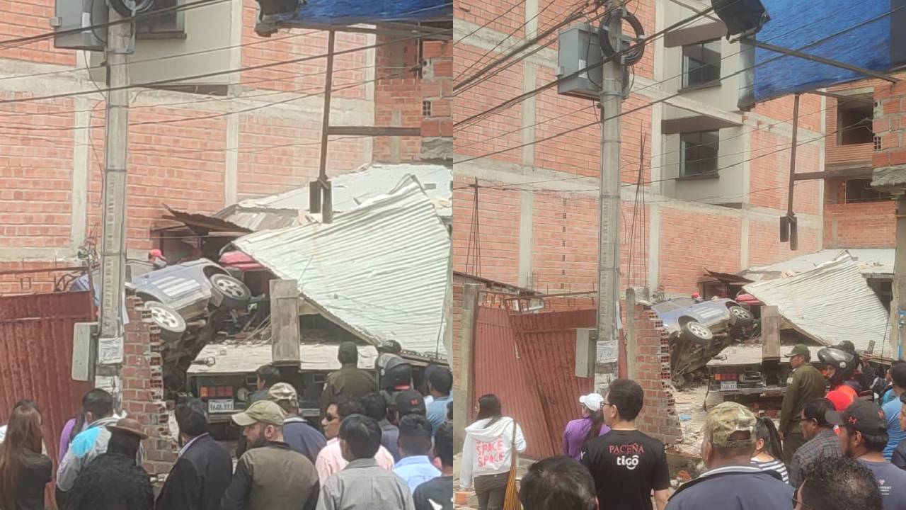 Aparatoso accidente en bajo Llojeta, La Paz: grúa impacta contra vivienda, dos personas heridas y daños significativos