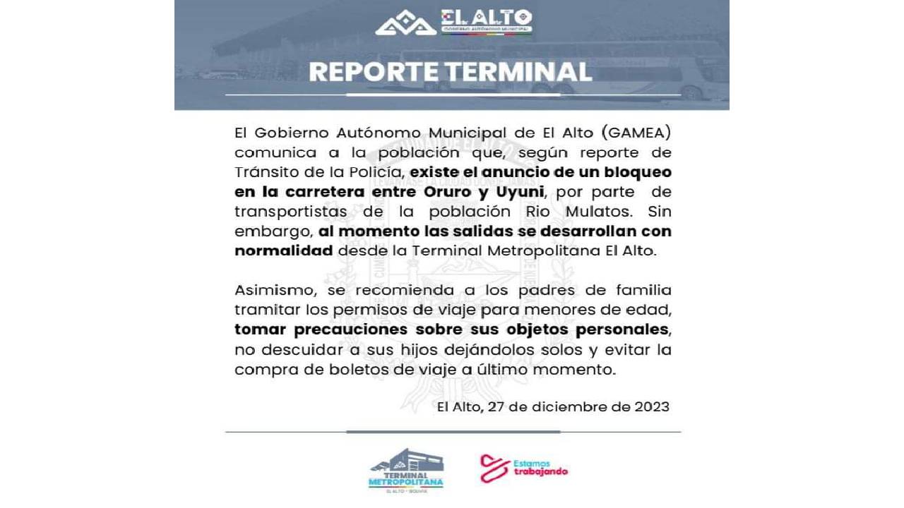 Alerta de posible bloqueo en la ruta Oruro - Uyuni