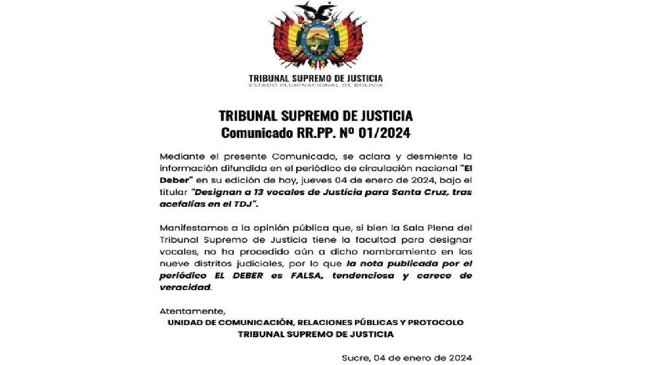  Desmentido de información errónea sobre nombramiento de vocales de justicia en Santa Cruz