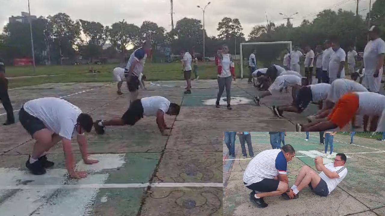 Comandante de la policía de Santa Cruz encabeza sesión de ejercicio para mejorar estado físico del personal