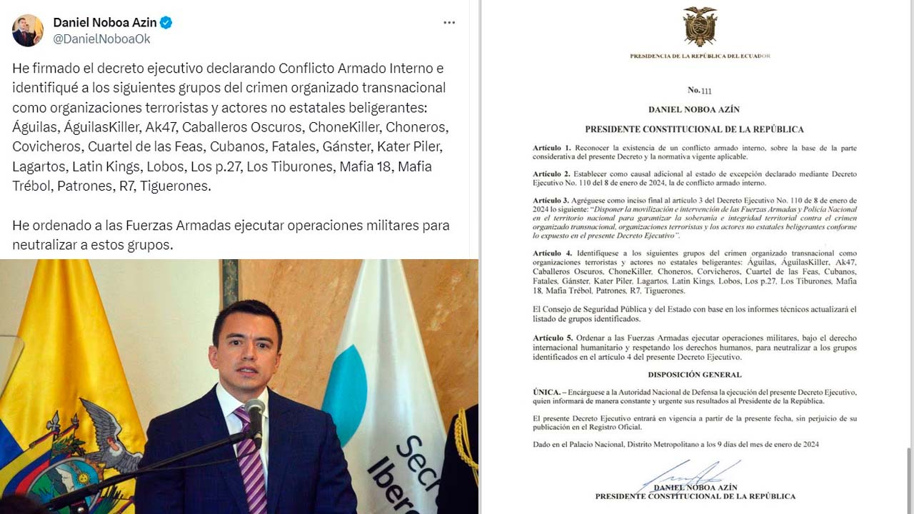 Ecuador declara conflicto armado interno y designa grupos del crimen organizado como terroristas