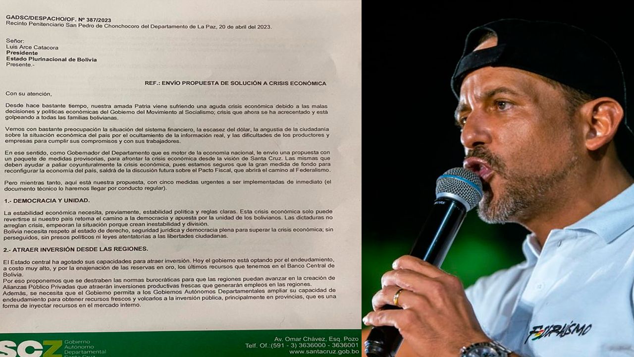Camacho envía al presidente Arce cinco medidas para la solución de la crisis económica