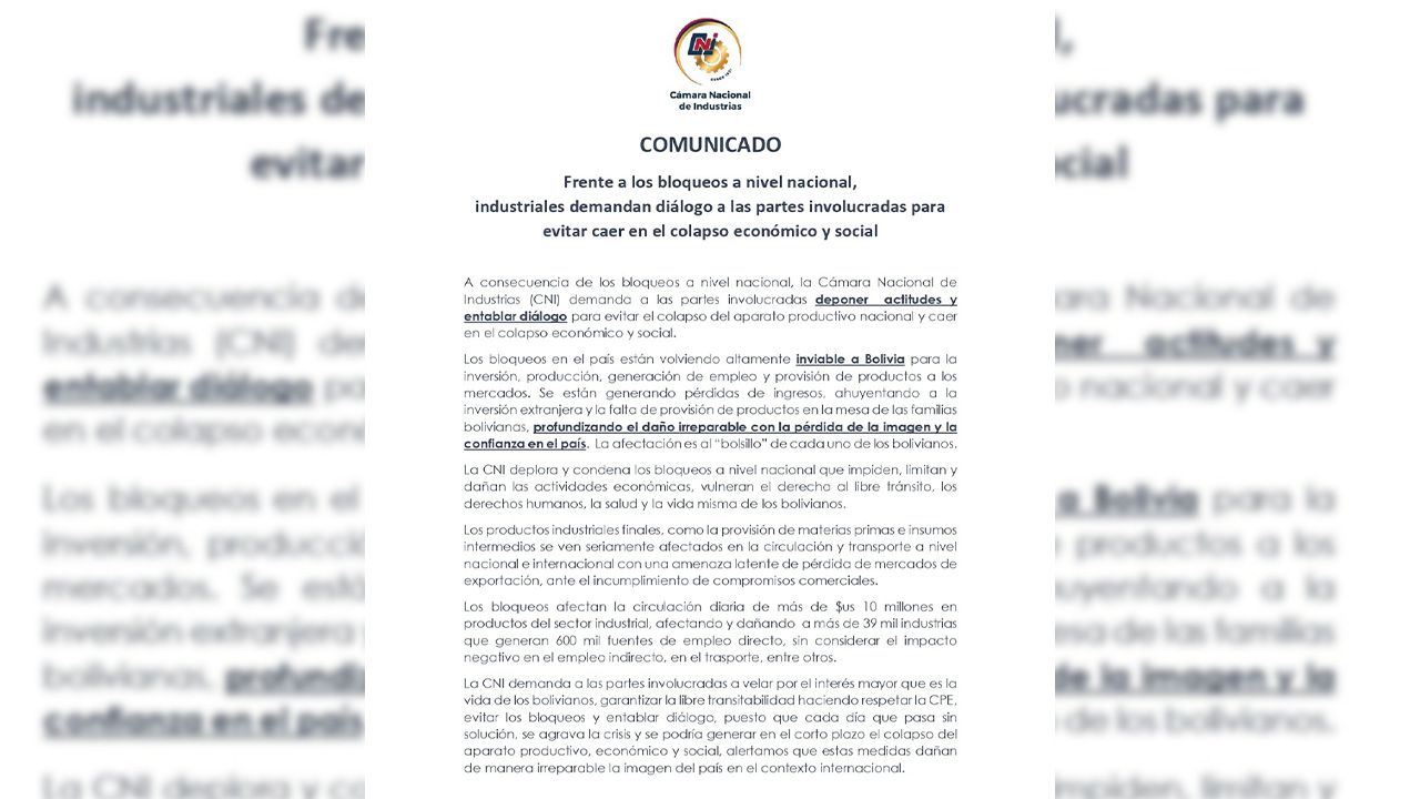  Comunicado de la Cámara Nacional de Industrias: Llamado urgente al diálogo para evitar colapso económico