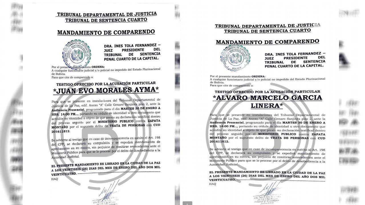 Citan a declarar a Evo Morales y Álvaro García Linera por el "Caso Zapata"