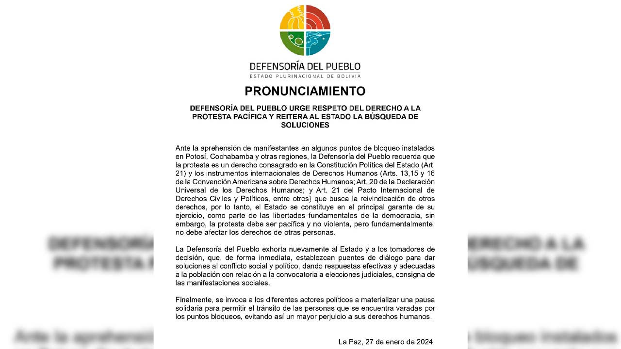 Pronunciamiento de la Defensoría del Pueblo: Urge respeto del derecho a la protesta pacifica y reitera al Estado la búsqueda de soluciones