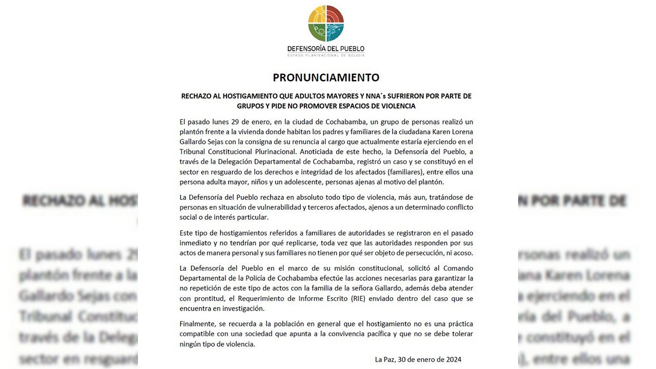 Defensoría del Pueblo rechaza hostigamiento a familiares de autoridades y pide respeto a los derechos