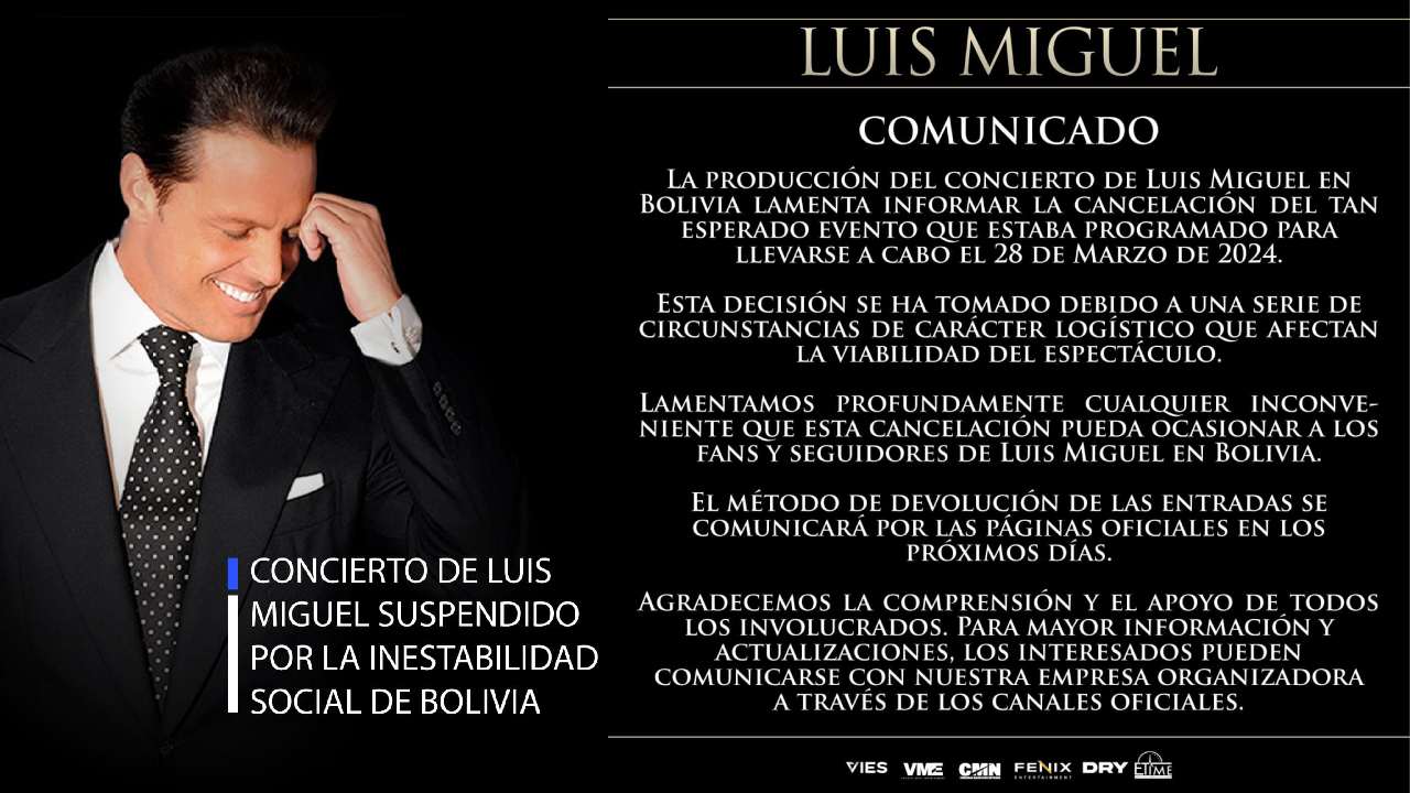 Inestabilidad social en Bolivia obliga a suspender el concierto de Luis Miguel