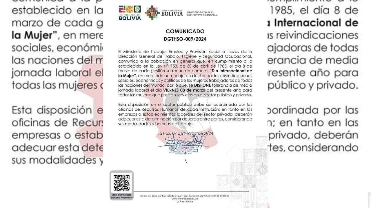 Tolerancia de media jornada laboral este viernes por el Día Internacional de la Mujer