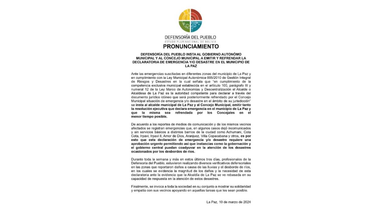 Defensoría del Pueblo insta a declarar emergencia en La Paz ante desastres naturales